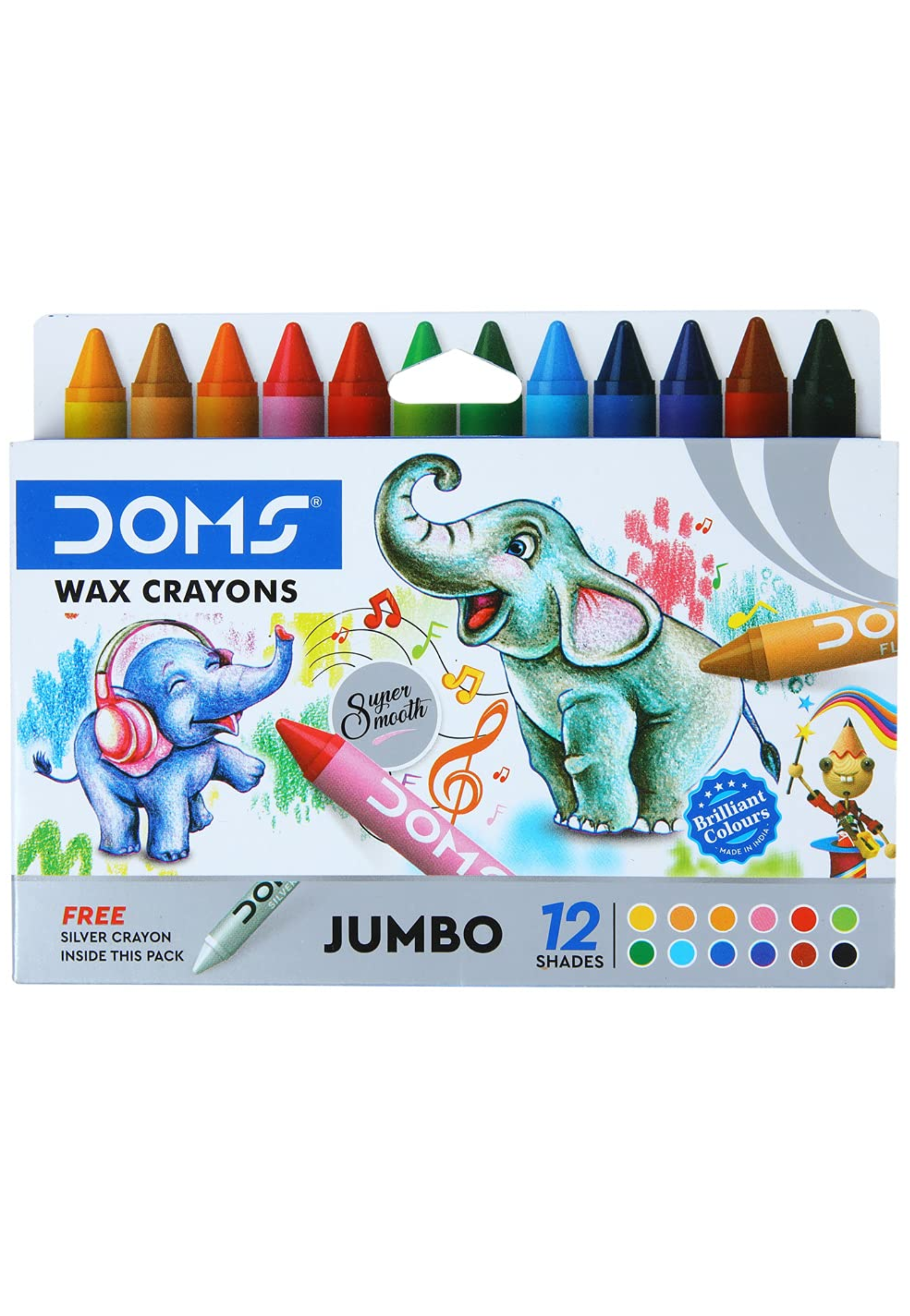 DOMS JUMBO WAX CRAYONS 12PCS+1 SILVER CRAYON