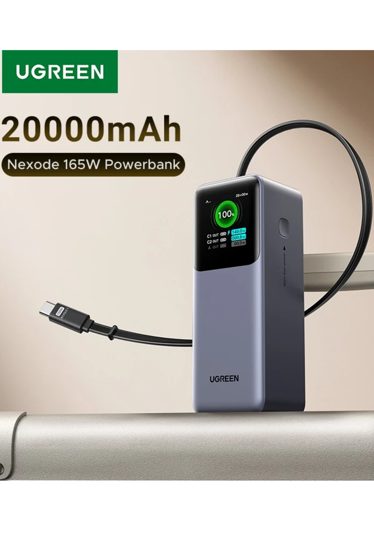 UGREEN 165W POWERBANK W/ RETRACTABLE CABLE TYPE C 20000MAH GRAY