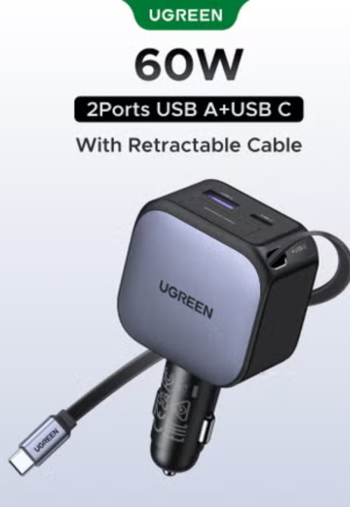 UGREEN 3PORT 1A 2C 60W PD FAST CHARGER W/ RETRACTABLE CABLE GRAY