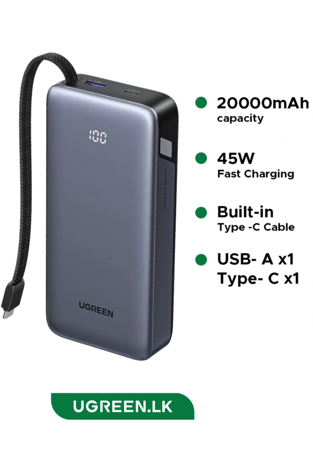 UGREEN 45W POWERBANK W/BUILT IN TYPE C CABLE 20000MAH GRAY