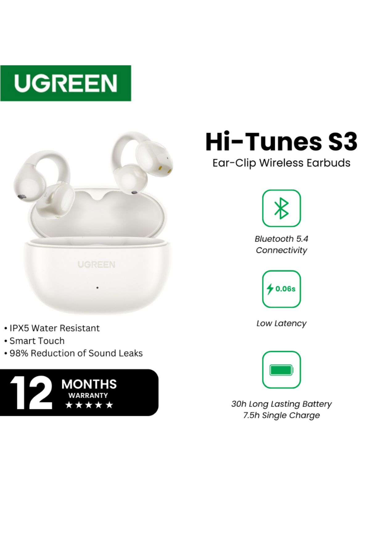 UGREEN HITUNE S3 OPEN WEARABLE WIRELESS EARBUDS WHITE or BLACK