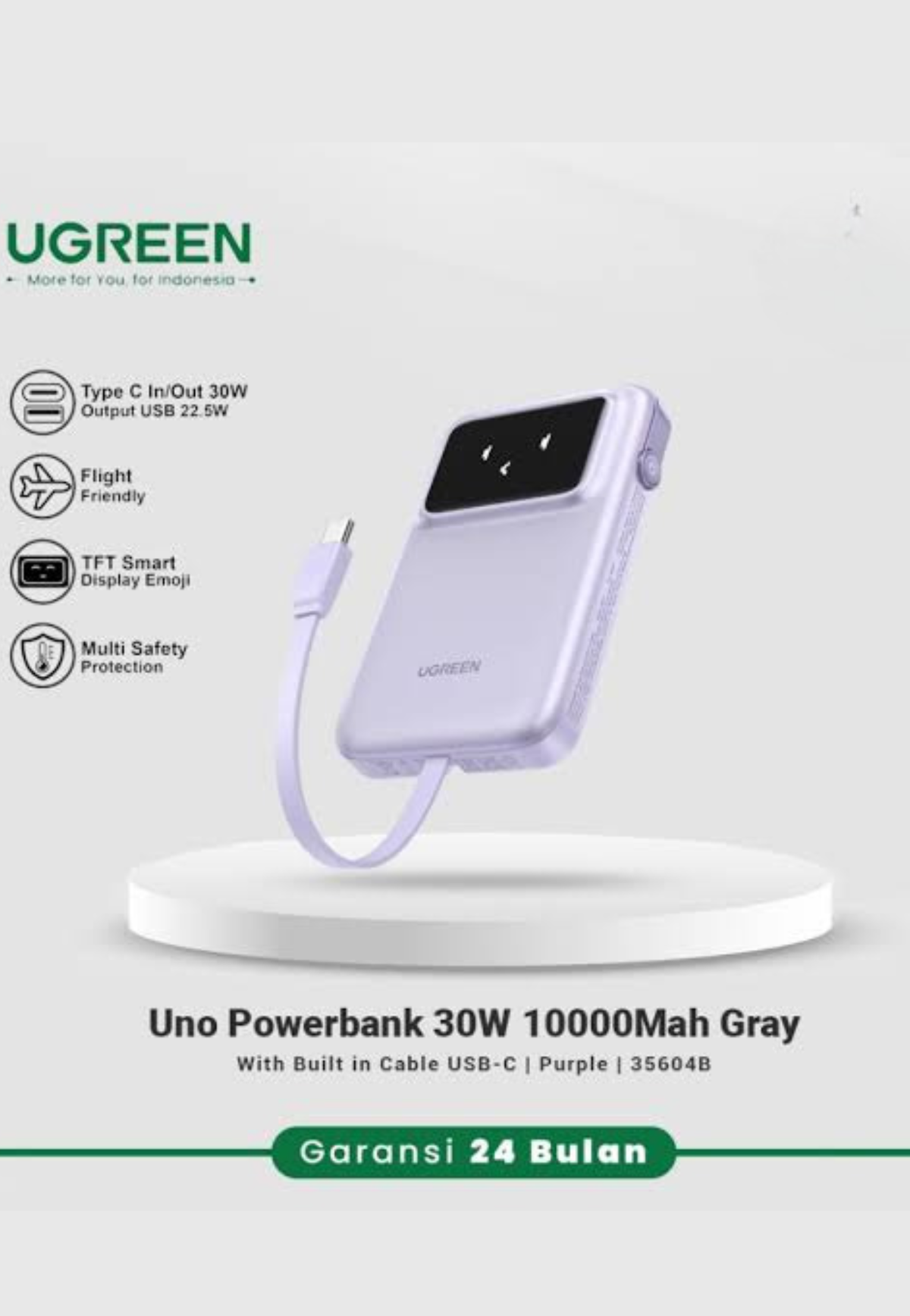 UGREEN ROBOTIC POWERBANK 10000MAH PD 30W W/USB-C PURPLE