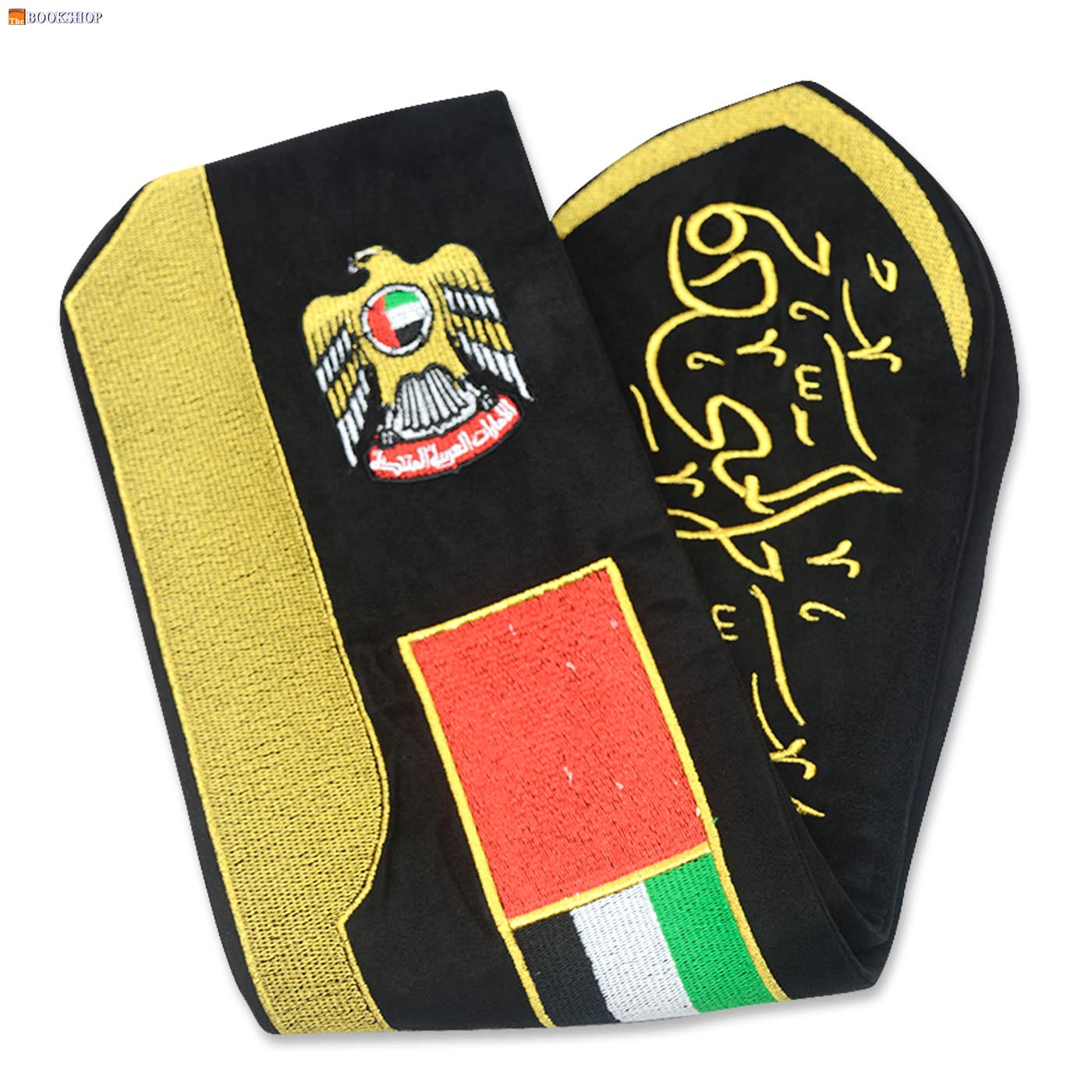 VIP ADULT COLLAR SCARF BLACK VELVET GOLD EMBRD. EMIRATES+FALCON+FLAG+ARAB.TEXT