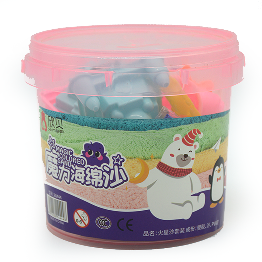 XINBEI MAGIC COLORED SAND W/MOULDS ACC. IN ROUND BUCKET 88444