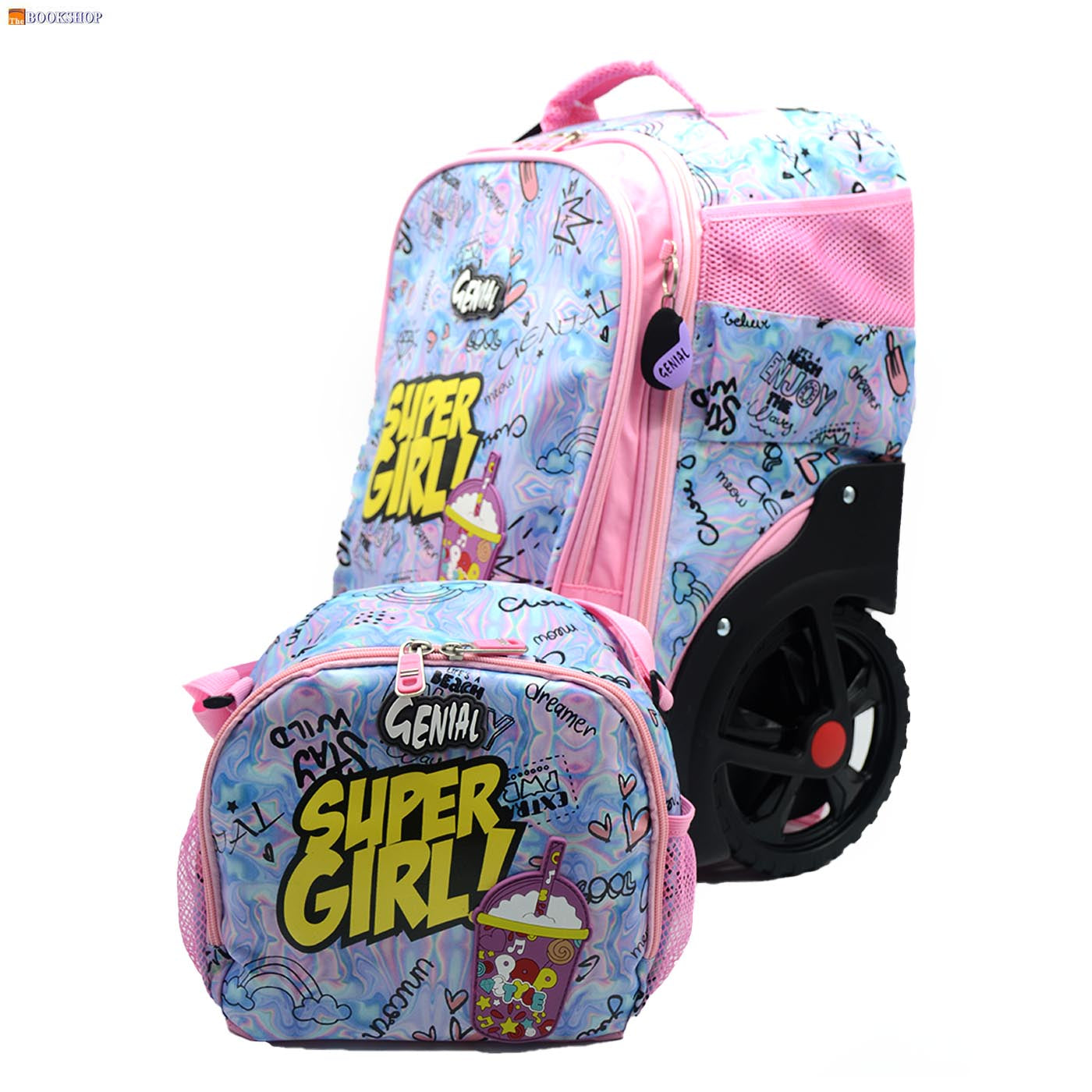GENIAL BIG WHEEL TROLLEY BAG 19" W/3COMP+LUNCH BAG+PENCIL CASE-SUPER GIRL