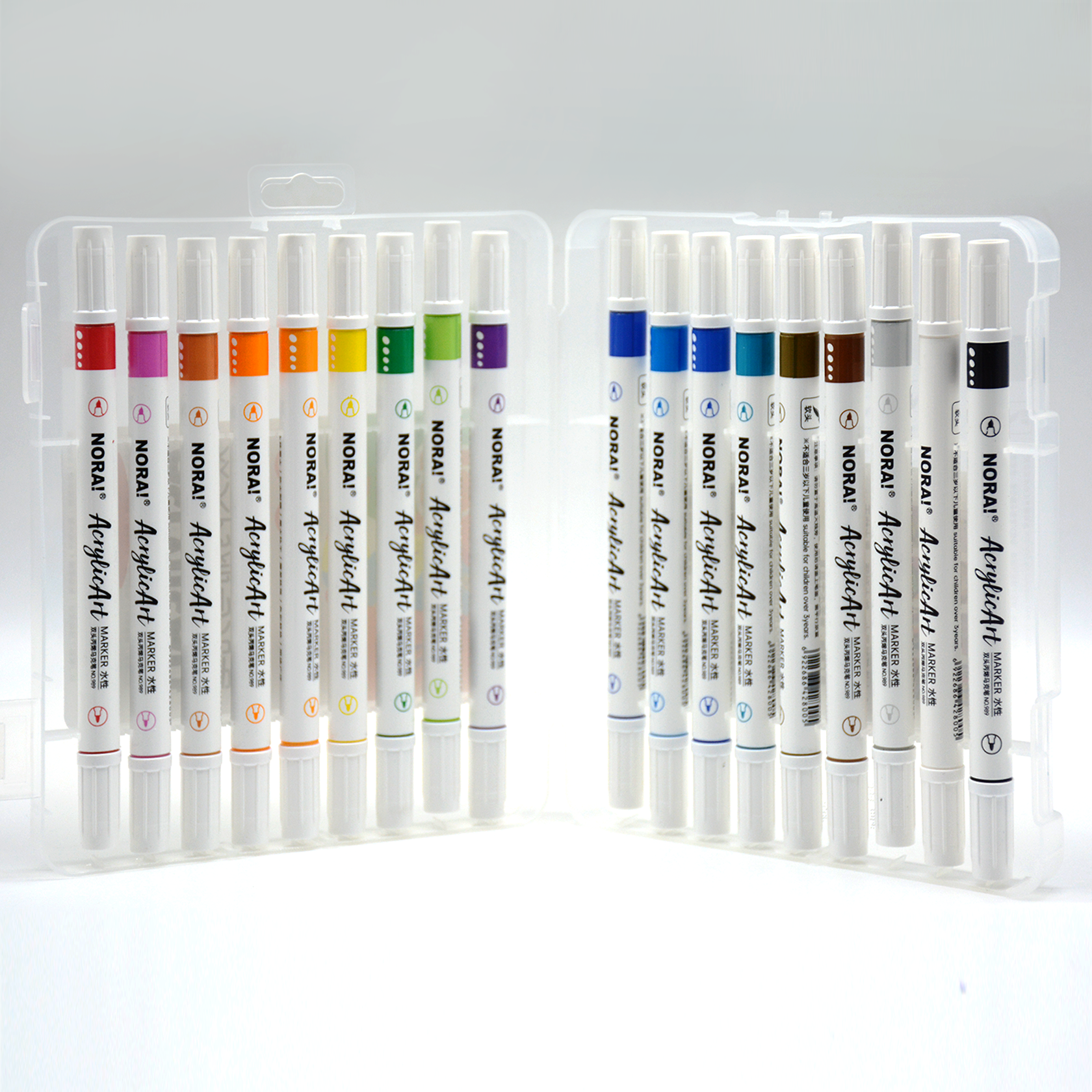 NORA DOUBLE ENDED ACRYYLIC MARKER 18COLORS IN PLASTIC BOX
