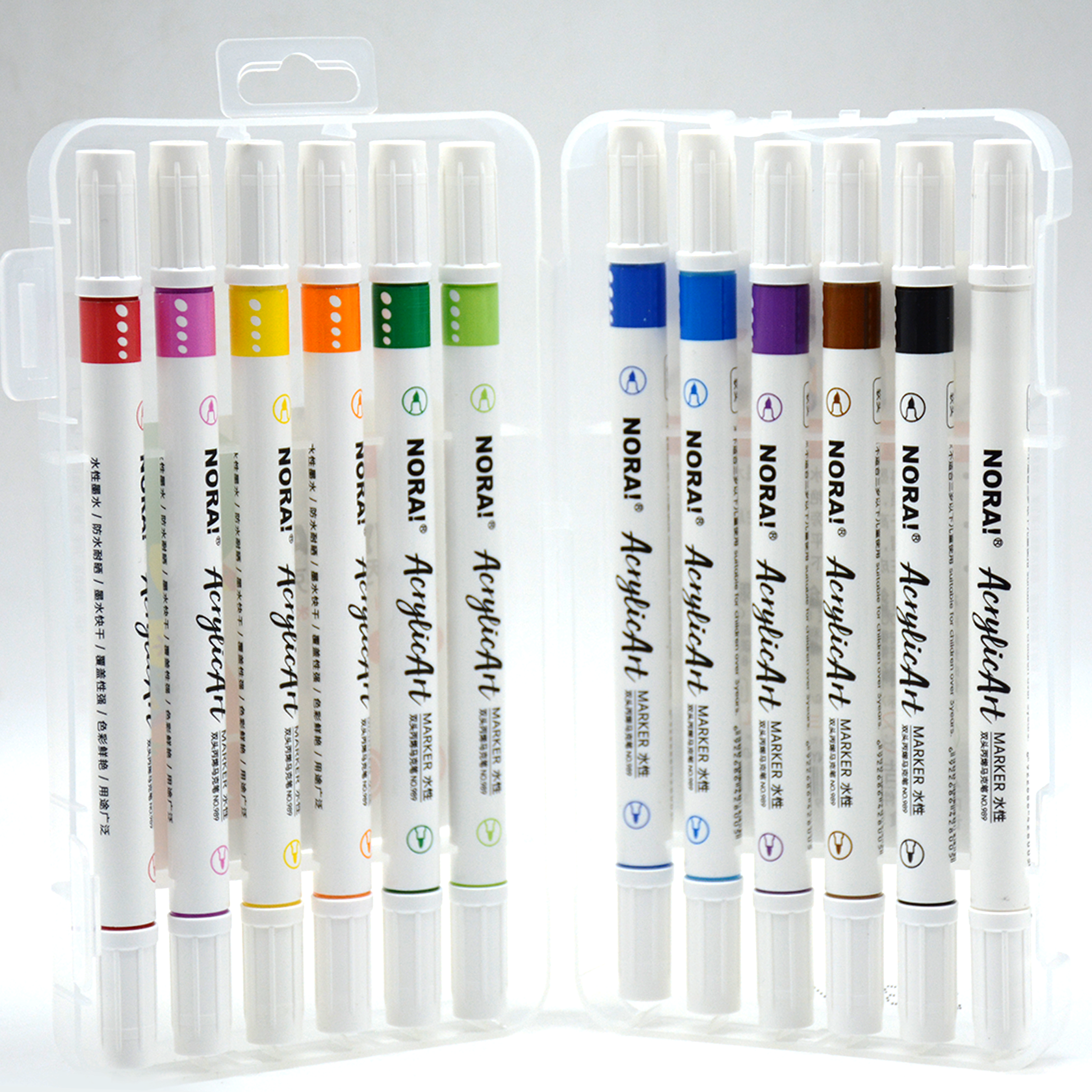 NORA DOUBLE ENDED ACRYYLIC MARKER 12COLORS IN PLASTIC BOX