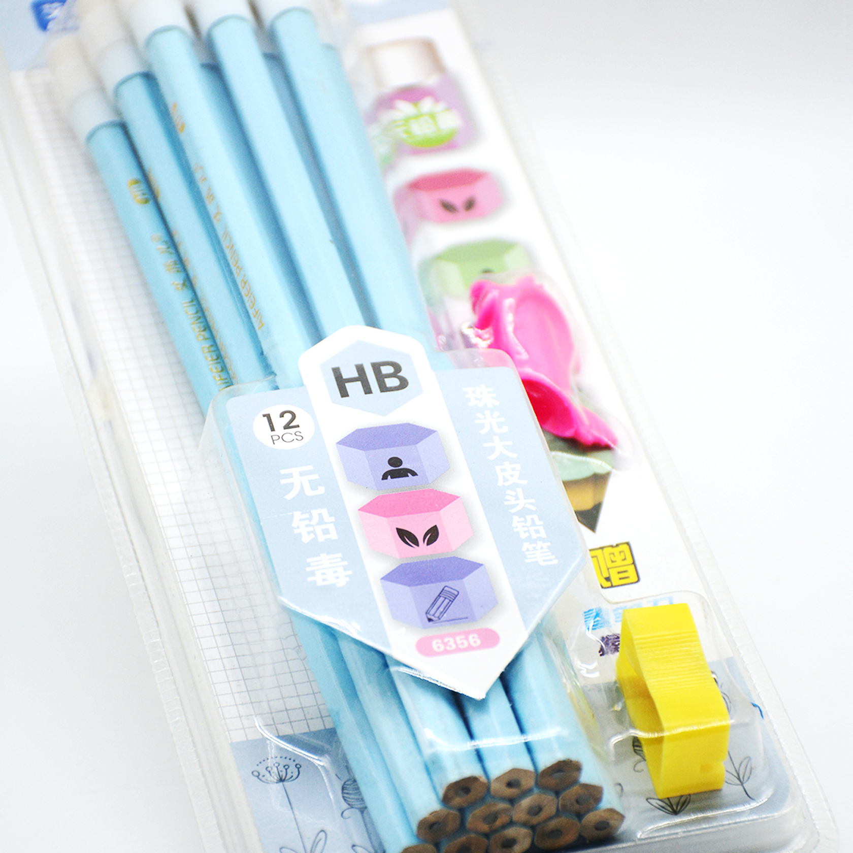 12PCS PENCILS W/ERASER +PENCIL GRIP HOLDER+SHARPENER SET 6356