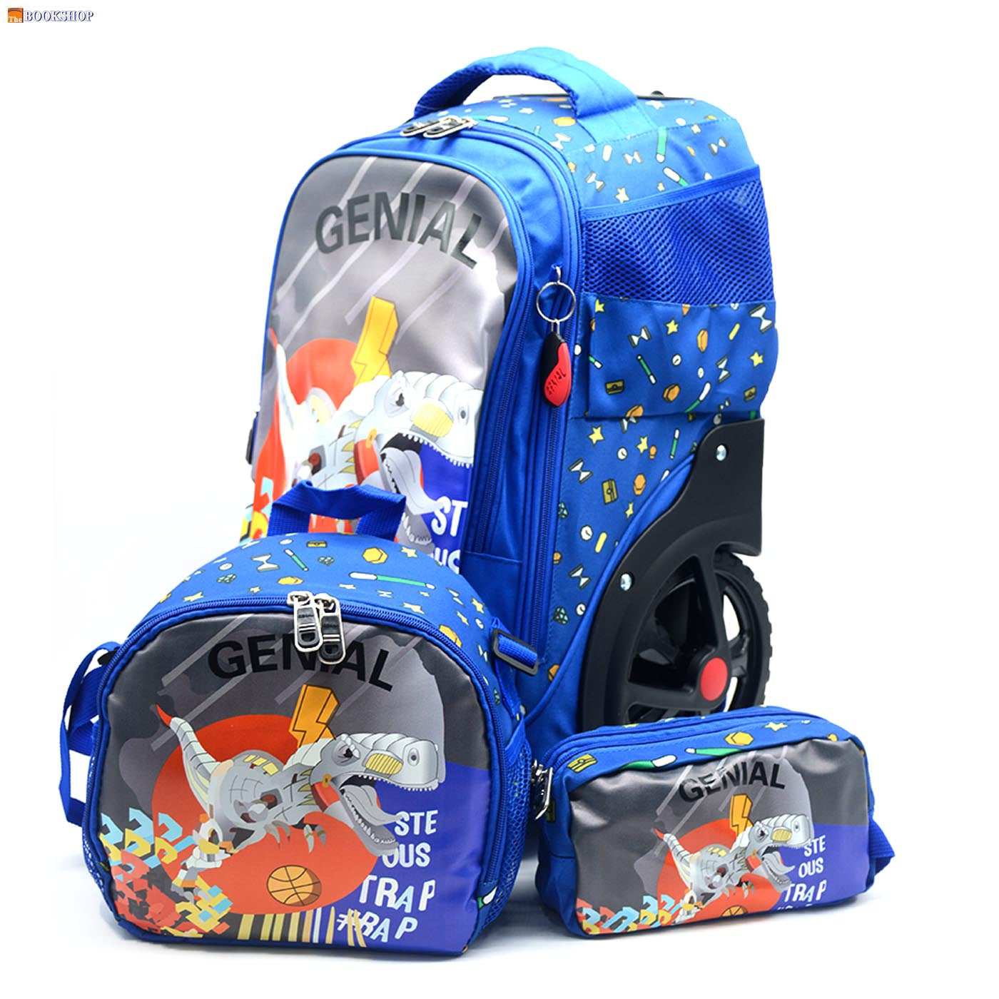 GENIAL BIG WHEEL TROLLEY BAG 19" W/3COMP+LUNCH BAG+PENCIL CASE- DINOSAUR