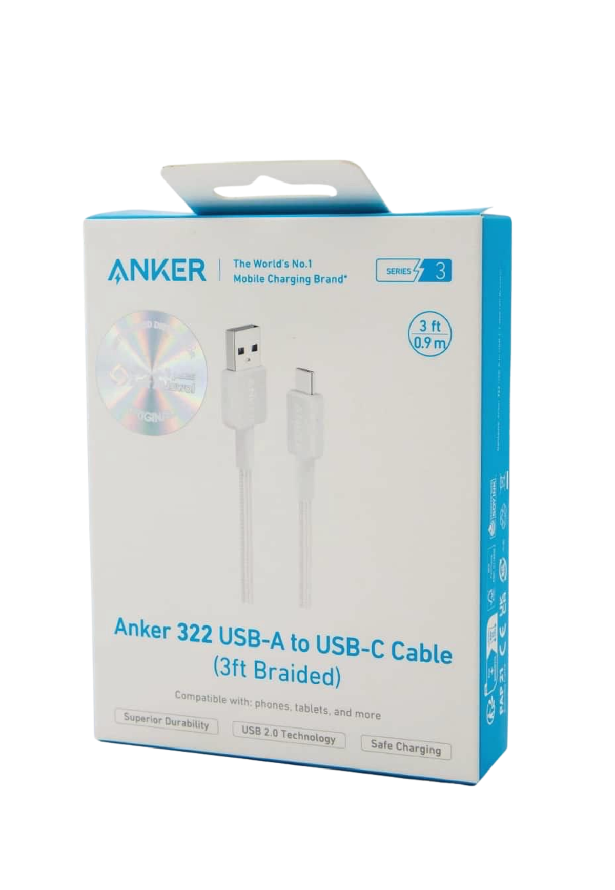 ANKER 322 USB-A TO USB-C CABLE (3FT BRAIDED) WHT AND BLACK