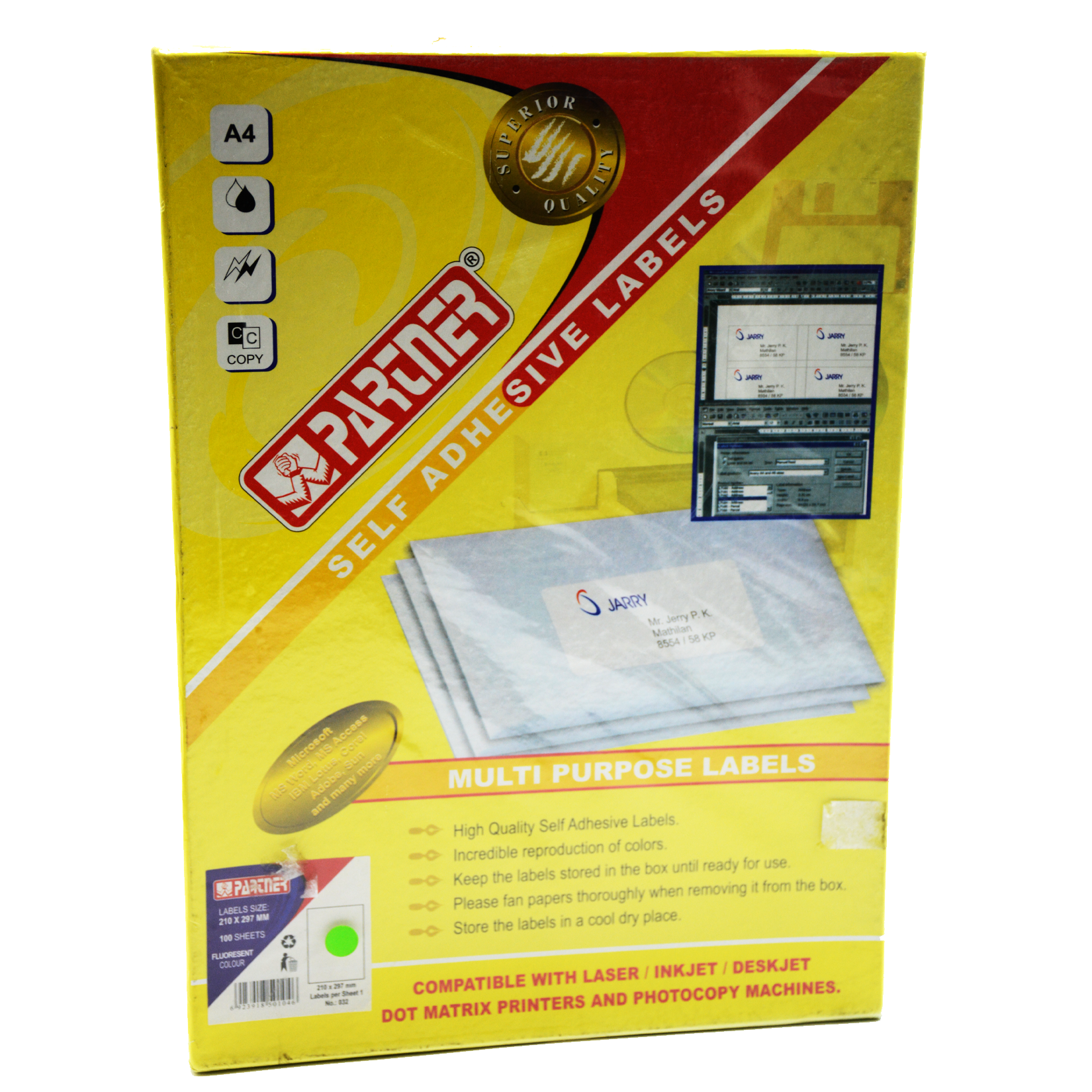 PARTNER SELF ADHESIVE LABEL 100SHT A4 FLUORESCENT COLOUR