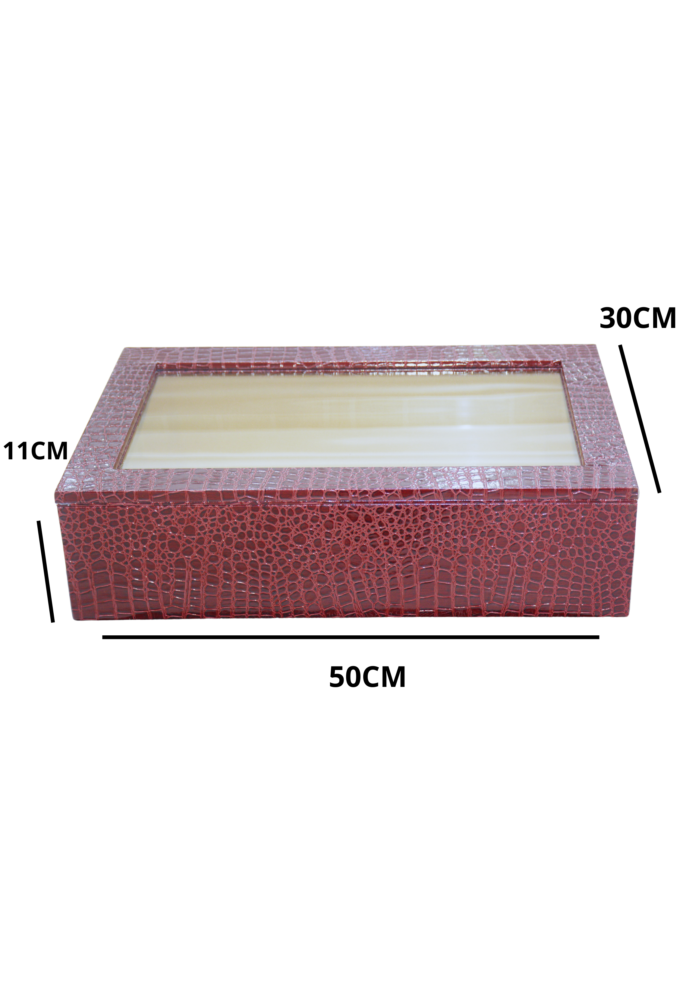 RECT WDN LEATHER GIFT BOX CROC BODY DESIGN W/GLASS LID MAROON-1SMALL