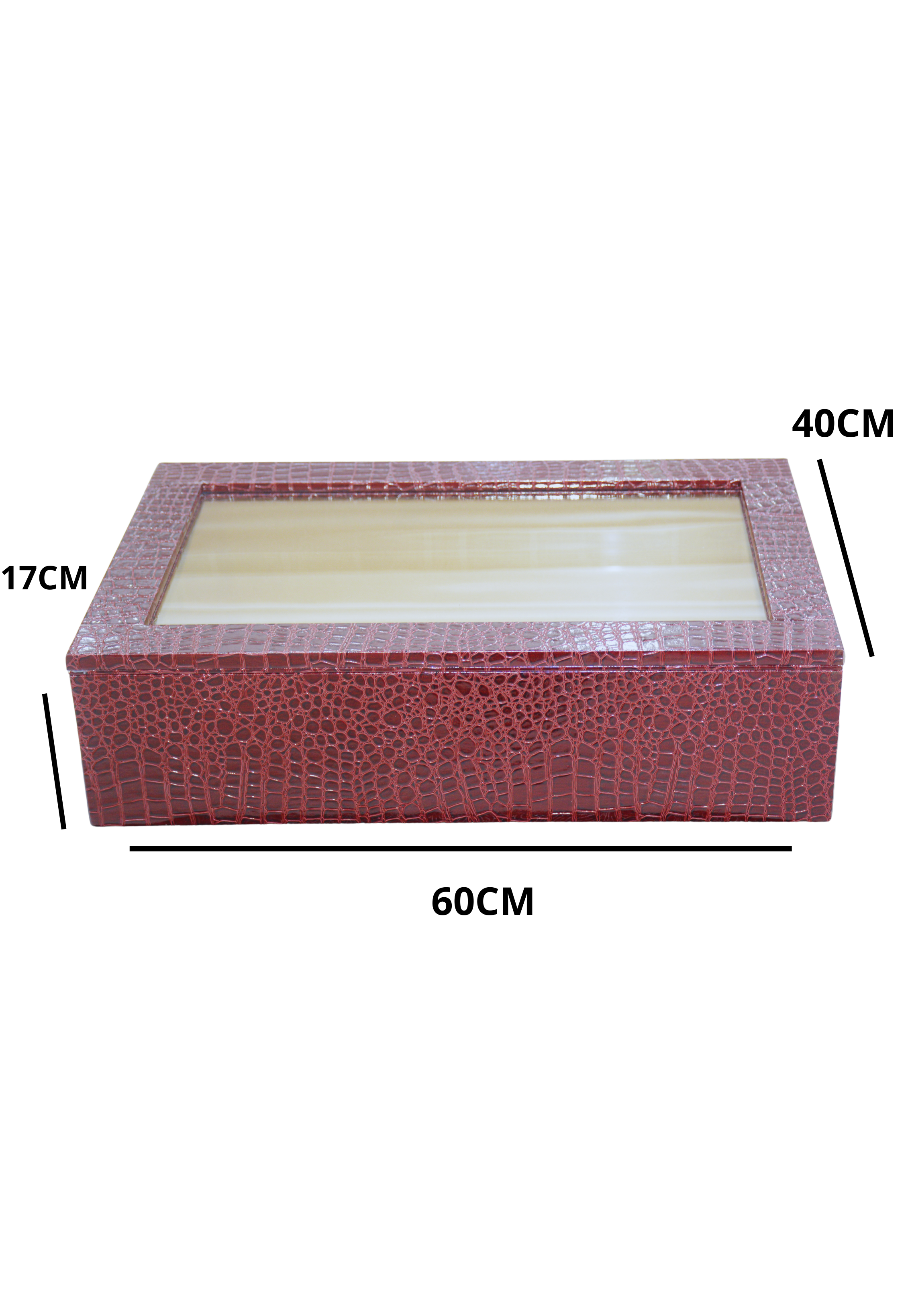 RECT WDN LEATHER GIFT BOX CROC BODY DESIGN W/GLASS LID MAROON-3LARGE