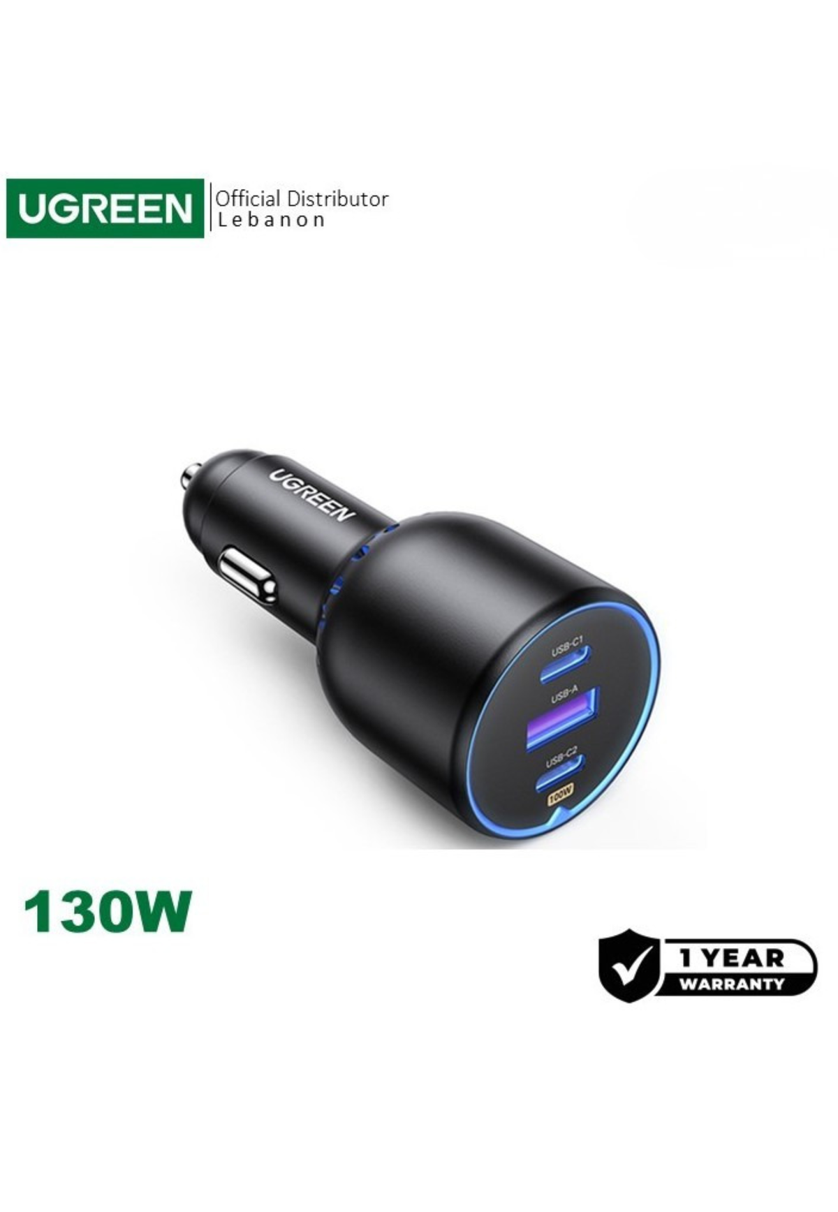 UGREEN 3-PORT 1A/2C 130W PD FAST CAR CHARGER-GRAY