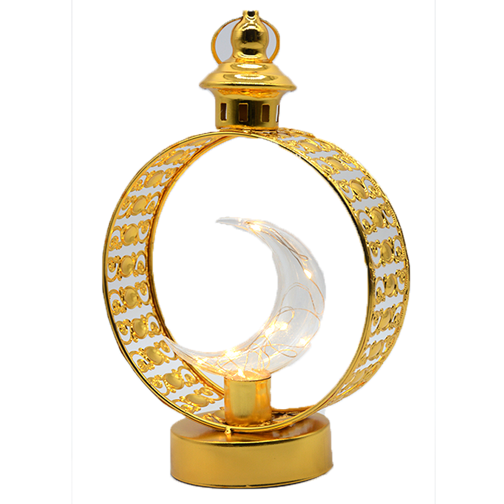 RAMADAN GOLD ROUND METAL W/ MOON LIGHT LANTERN DECO