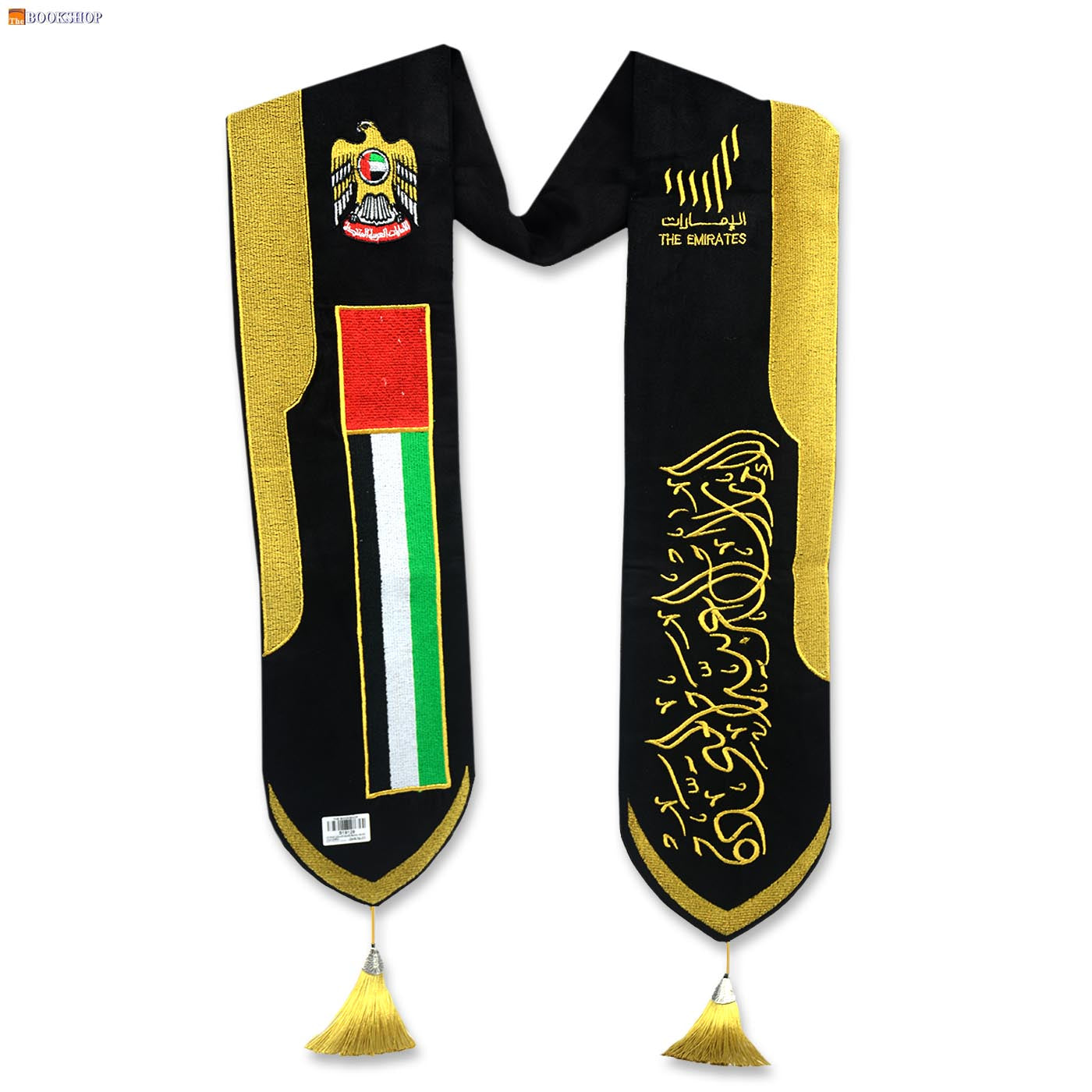 VIP ADULT COLLAR SCARF BLACK VELVET GOLD EMBRD. EMIRATES+FALCON+FLAG+ARAB.TEXT
