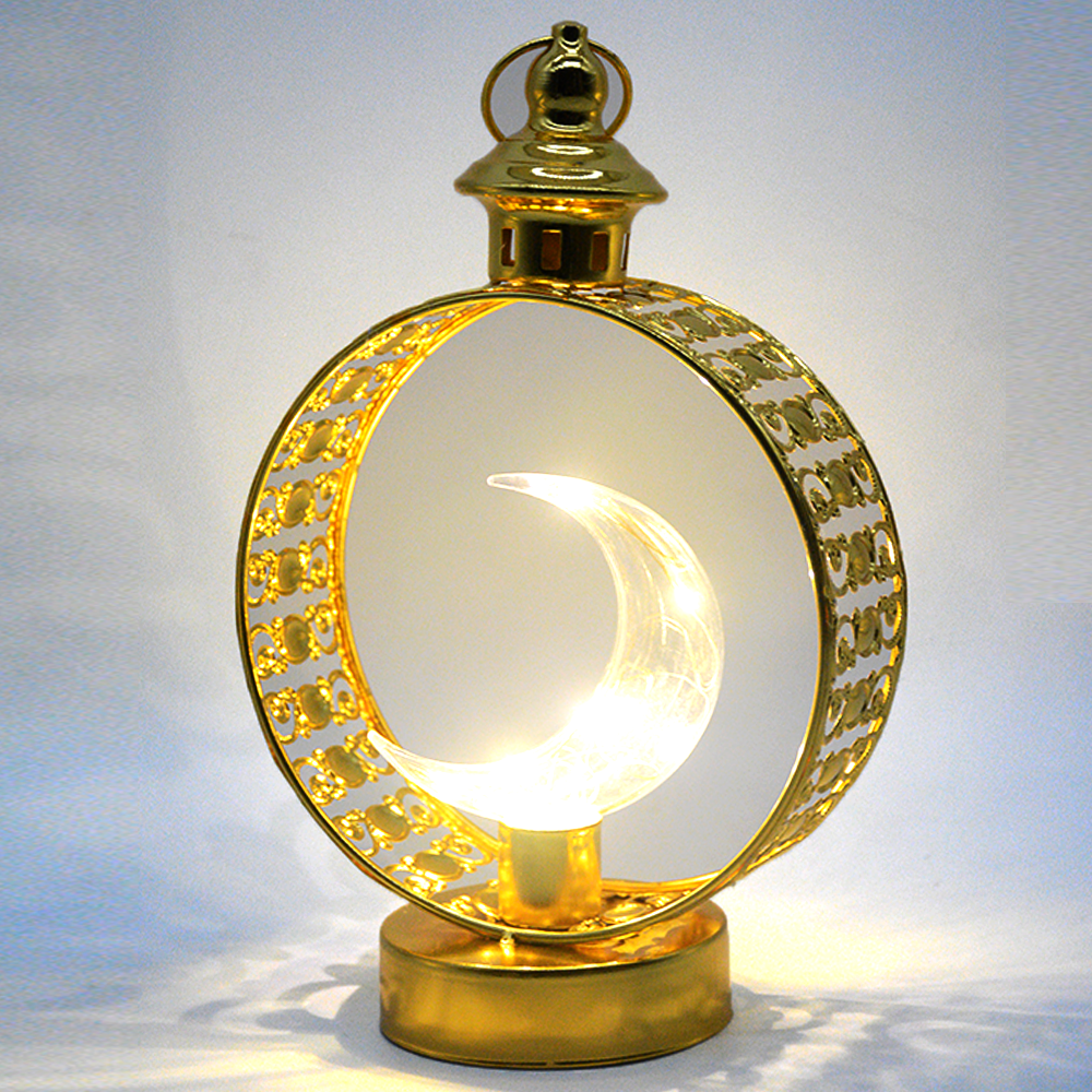 RAMADAN GOLD ROUND METAL W/ MOON LIGHT LANTERN DECO
