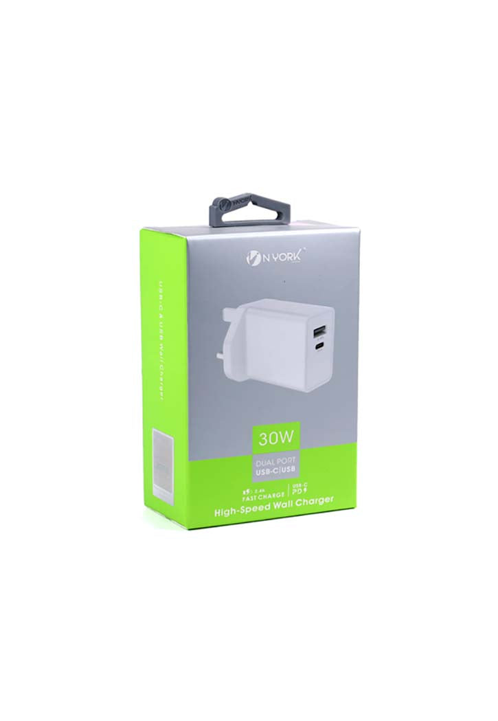 NYORK - Wall Carger Adapter Dual Port Usb-c/Usb 30W