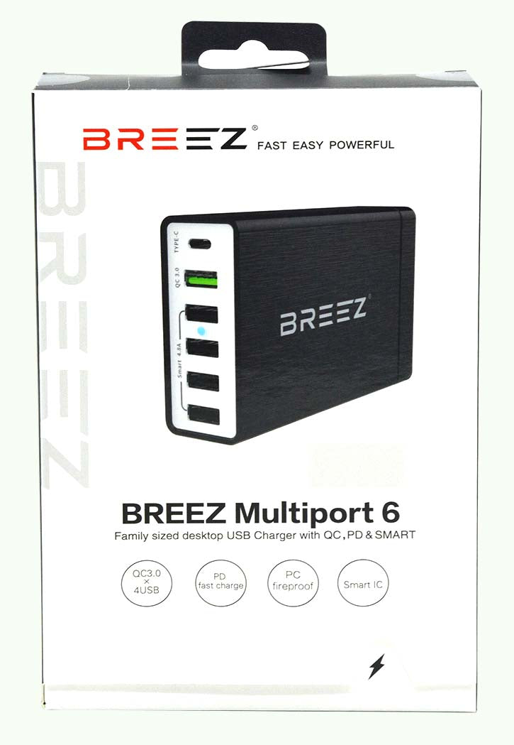 BREEZ - Multiport Desktop 6 Usb Charger (Black)