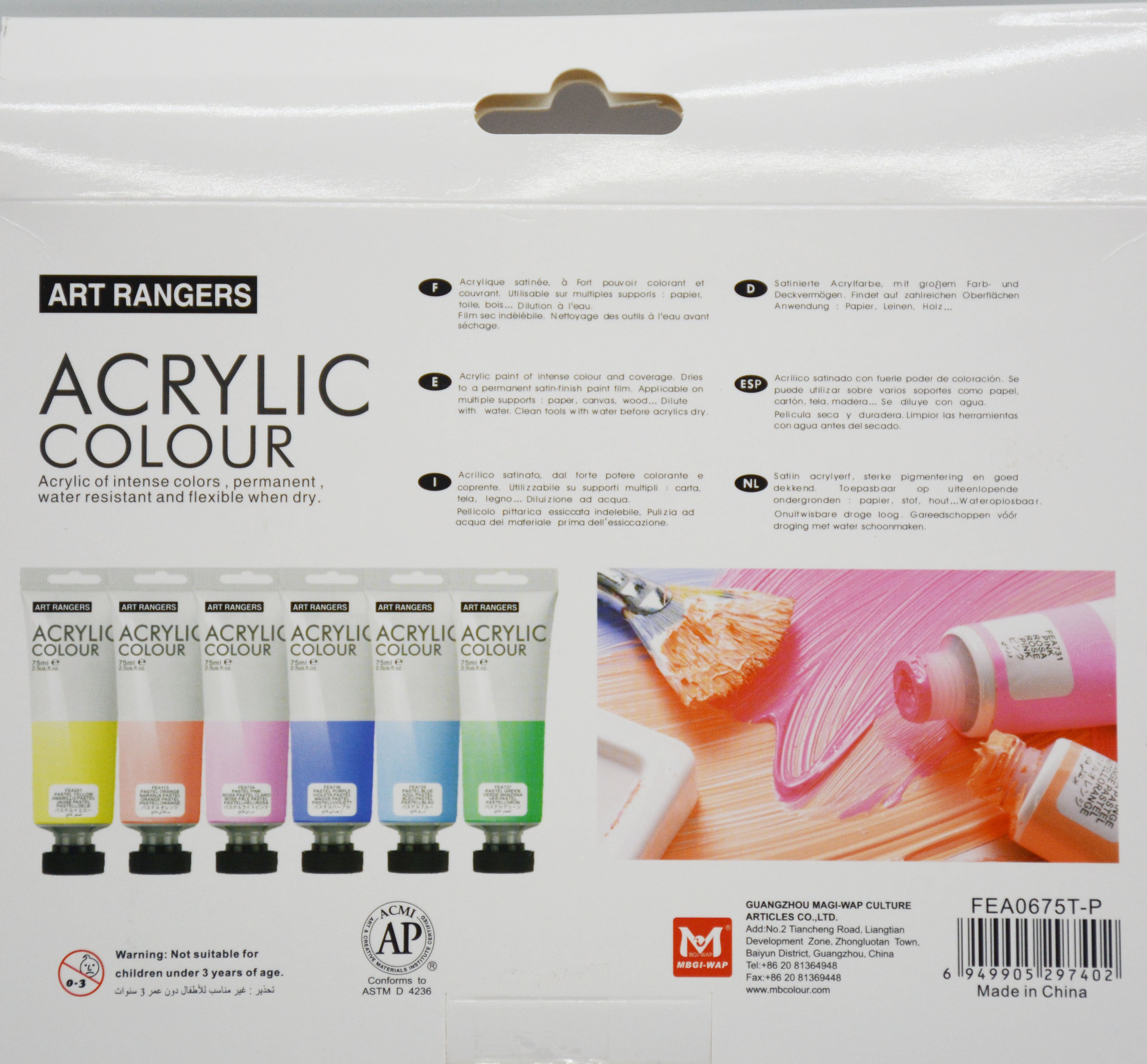 ART RANGER ACRYLIC COLOUR 6PIECE SET 6X75ML-PASTEL COLOR