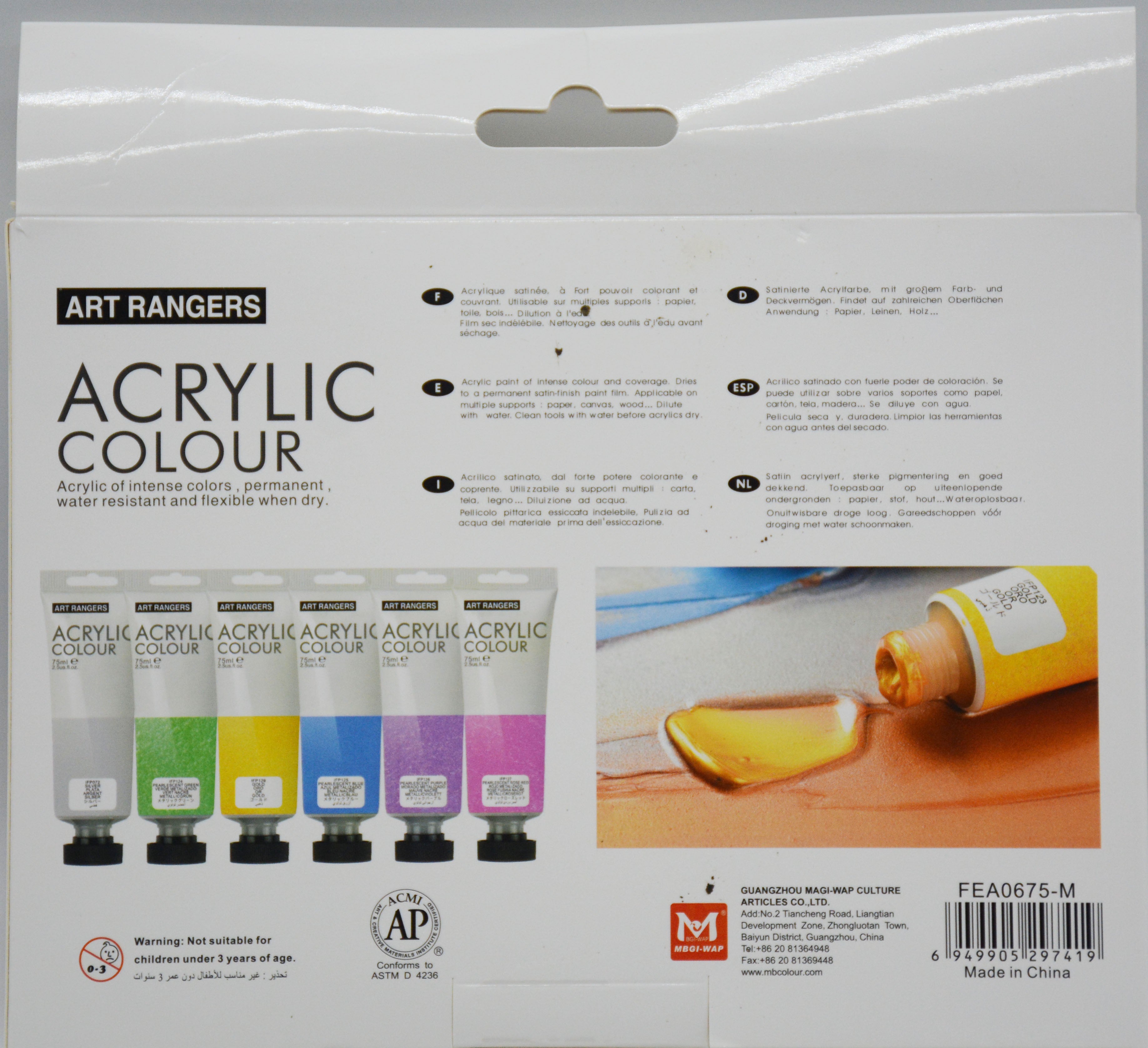 ART RANGER ACRYLIC COLOUR 6PIECE SET 6X75ML-METALLIC COLOR