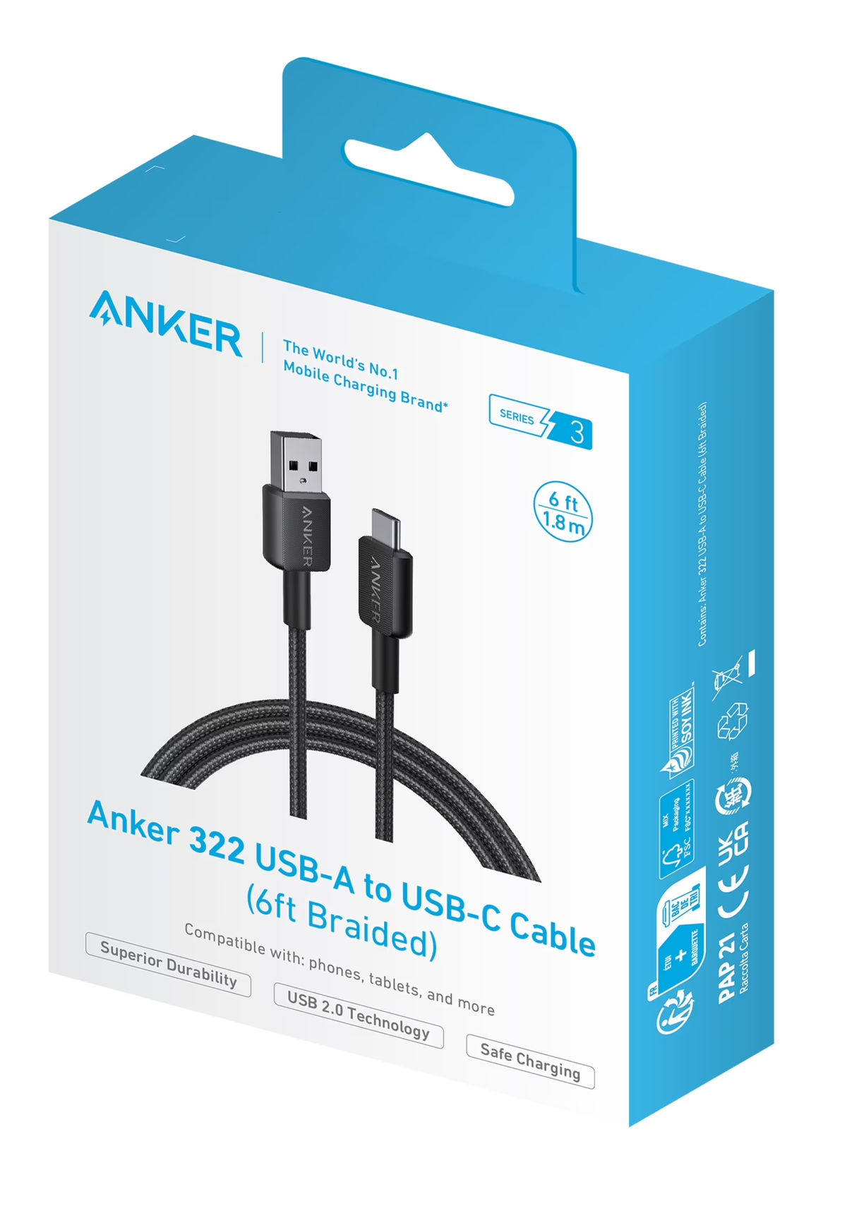 ANKER 322 USB-A TO USB-C CABLE (6FT BRAIDED) BLK