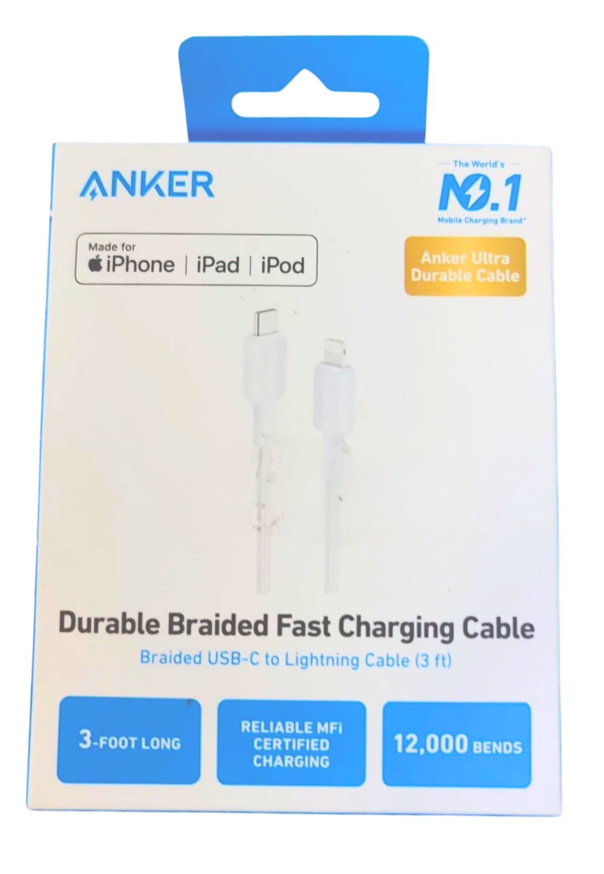 ANKER 322 USB-C TO LIGHTNING BARIDED CABLE 3FT-WHITE