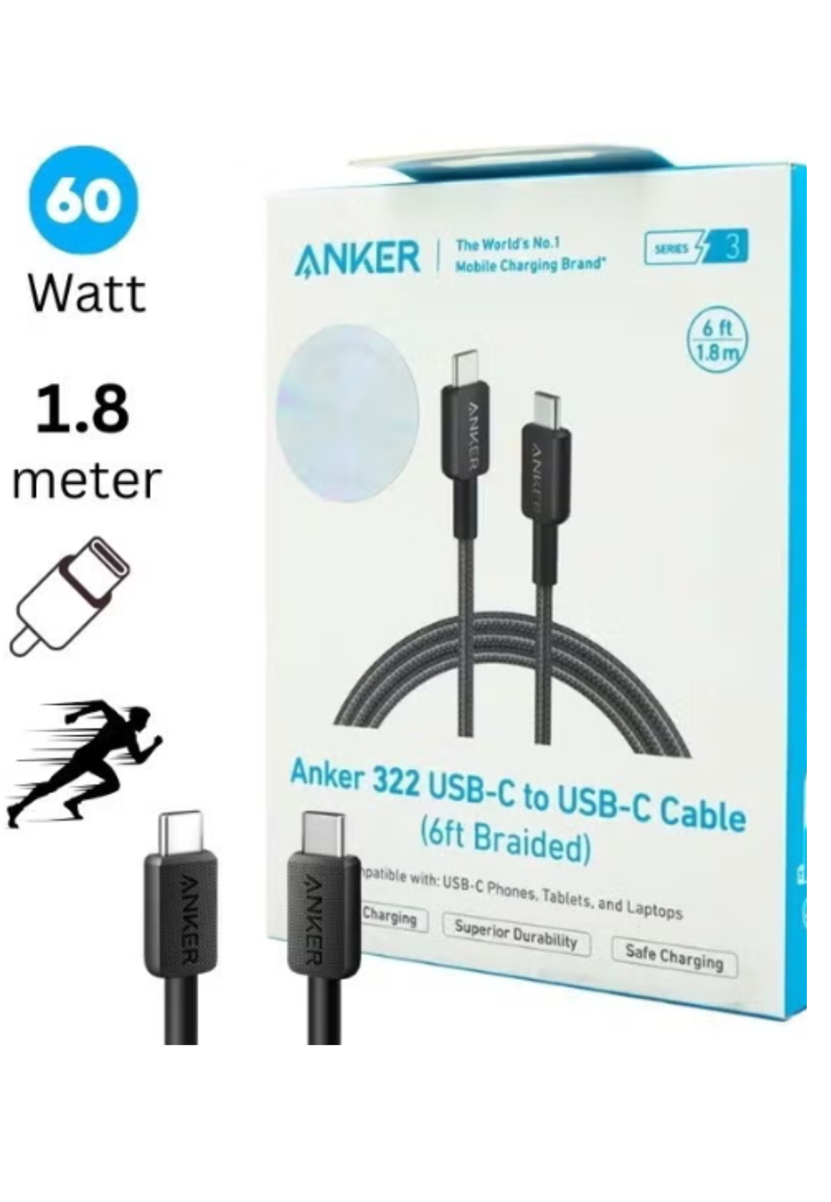 ANKER 322 USB-C TO USB-C CABLE 6FT BRAIDED NYLON BLACK