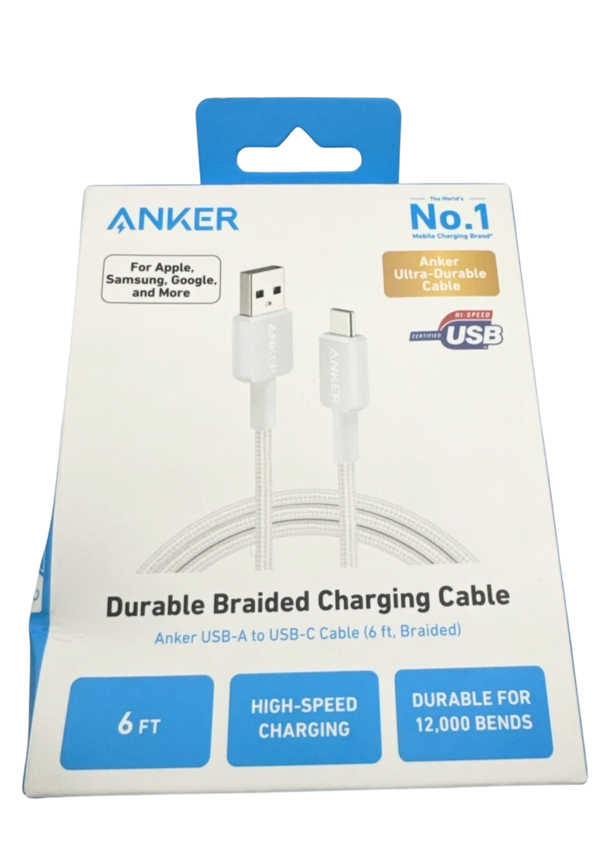 ANKER 322 USB-C TO USB-C CABLE 6FT BRAIDED NYLON WHITE