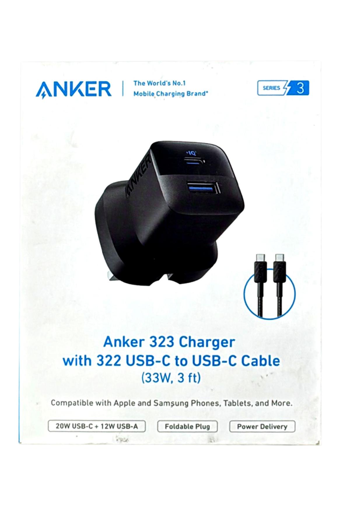 ANKER 323 CHARGER W/322 USB-C TO USB-C CABLE 33W 3FT BLACK