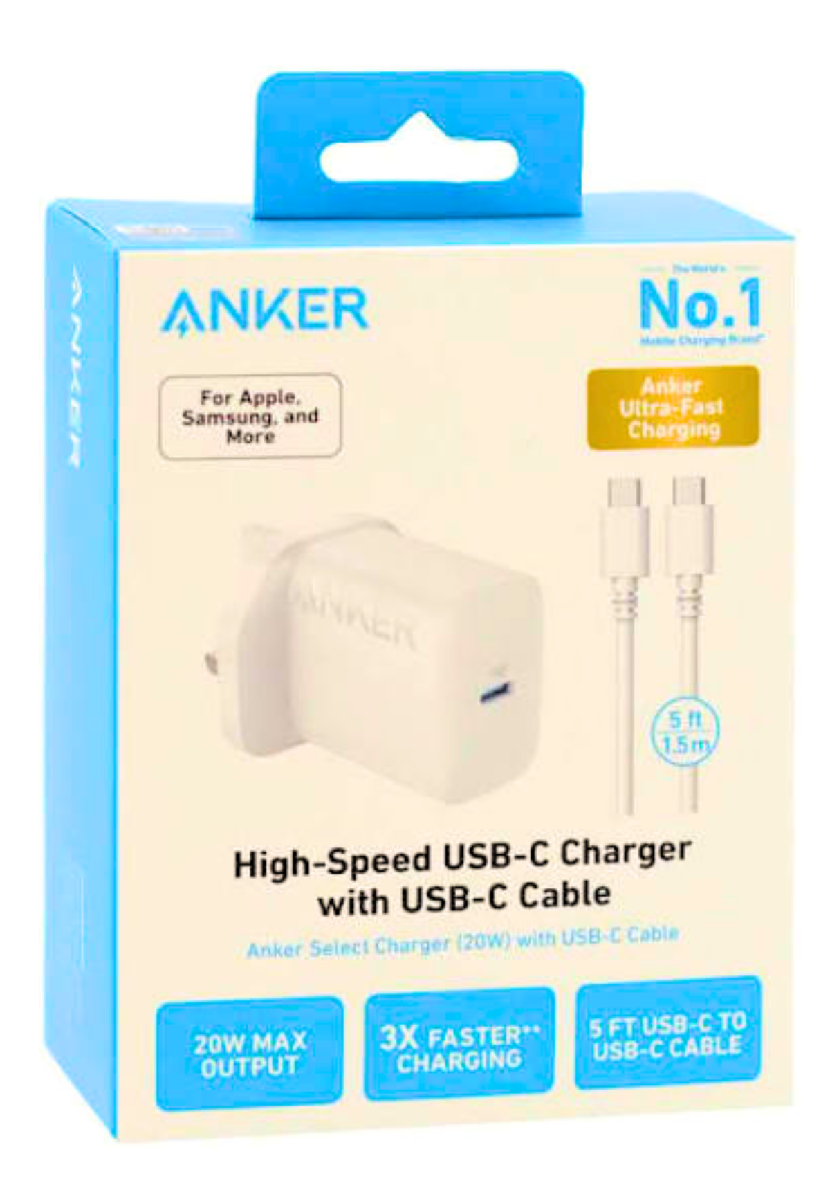 ANKER HIGH SPEED USB-C CHARGER W/ USB-C CABLE 20W 5FT WHITE