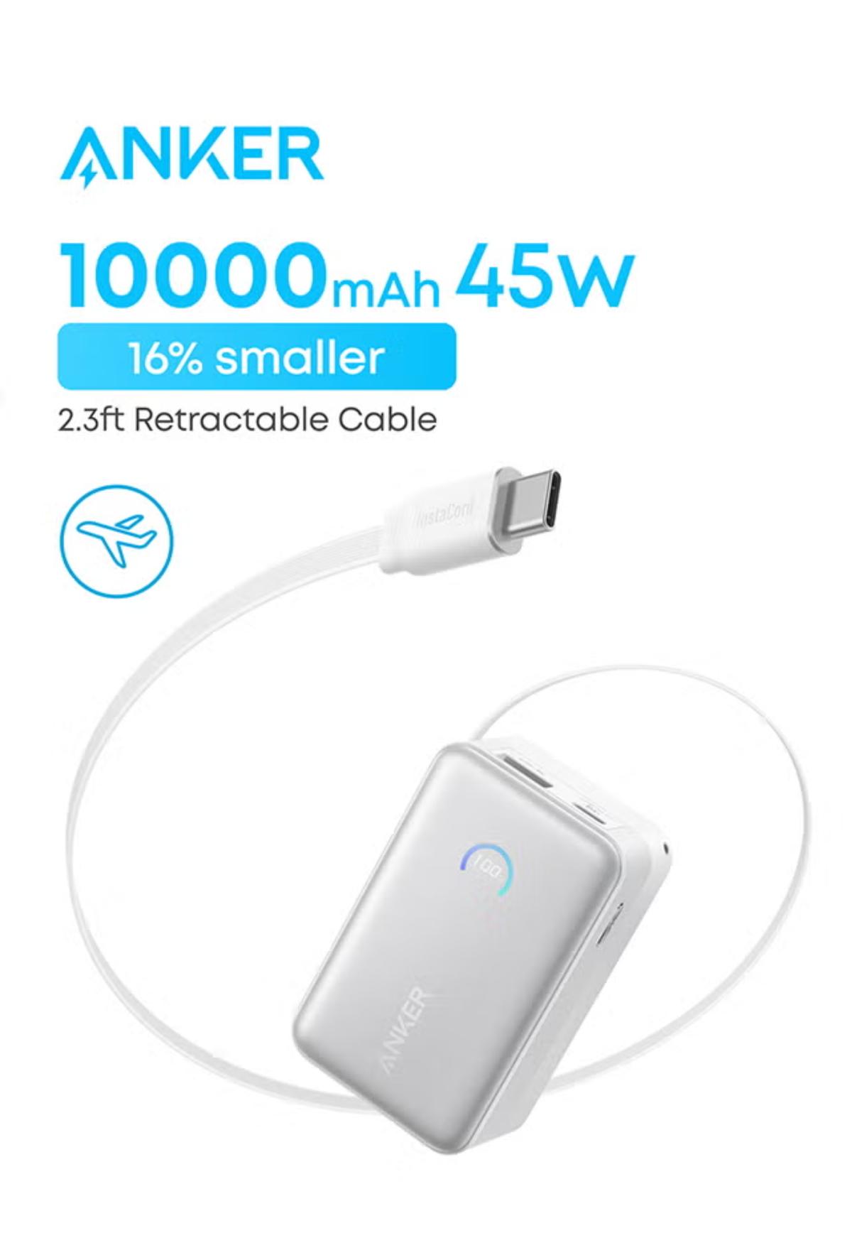 ANKER POWER BANK 10000mAh 45W BUILT IN RETRACTABLE USB-C CABLE WHITE