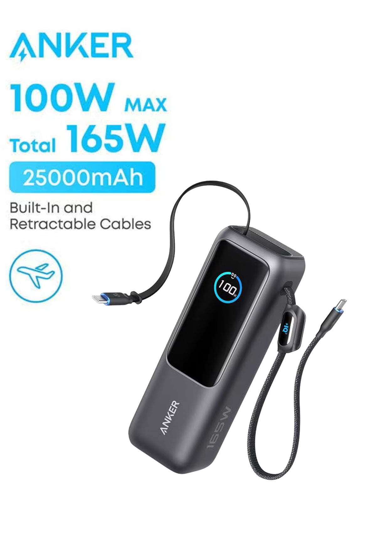 ANKER POWERBANK 25000mAh 165W BUILT-IN AND RETRACTABLE CABLE