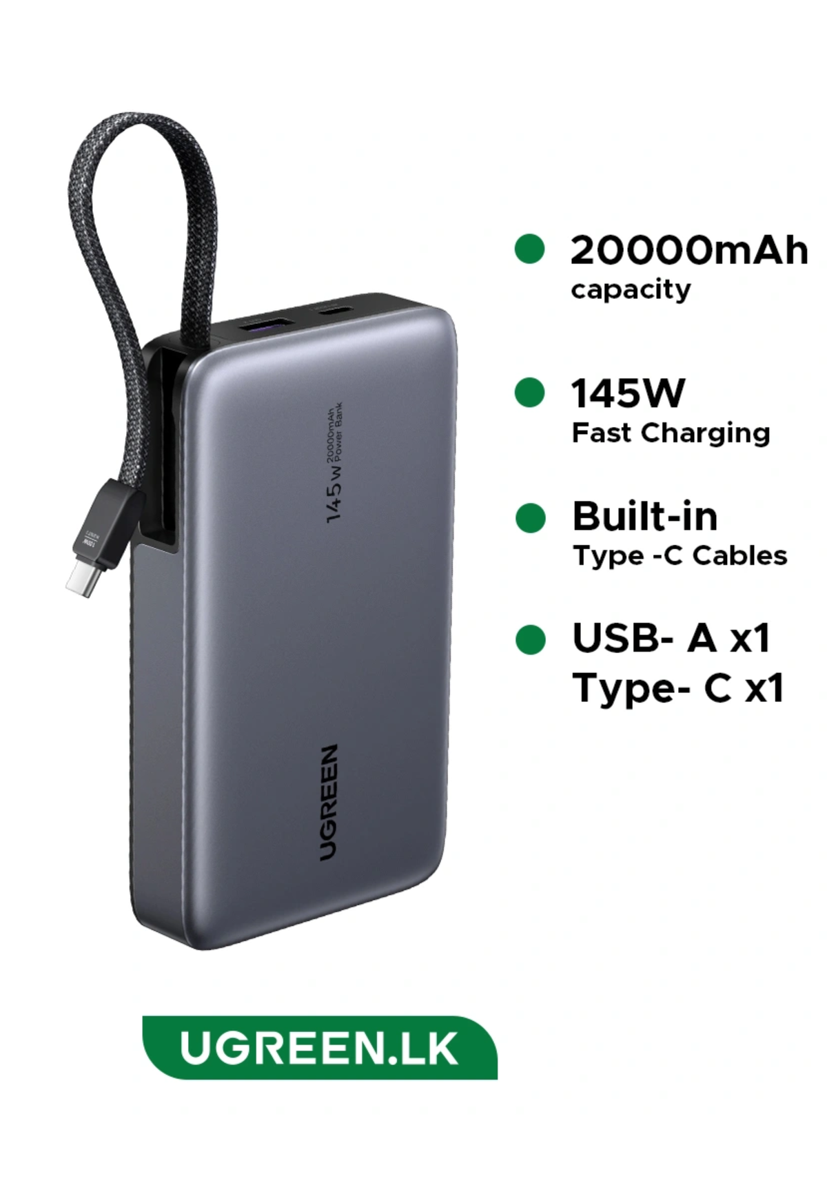 UGREEN 145W POWERBANK W/BUILT IN USB C CABLE 20000MAH GRAY