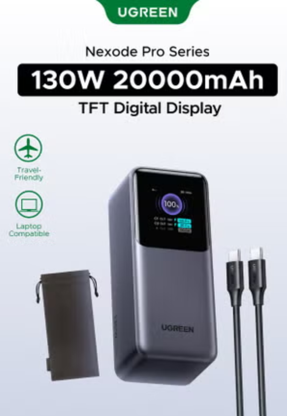 UGREEN 20000MAH PD 130W POWERBANK W/ USB-C CABLE-GRAY