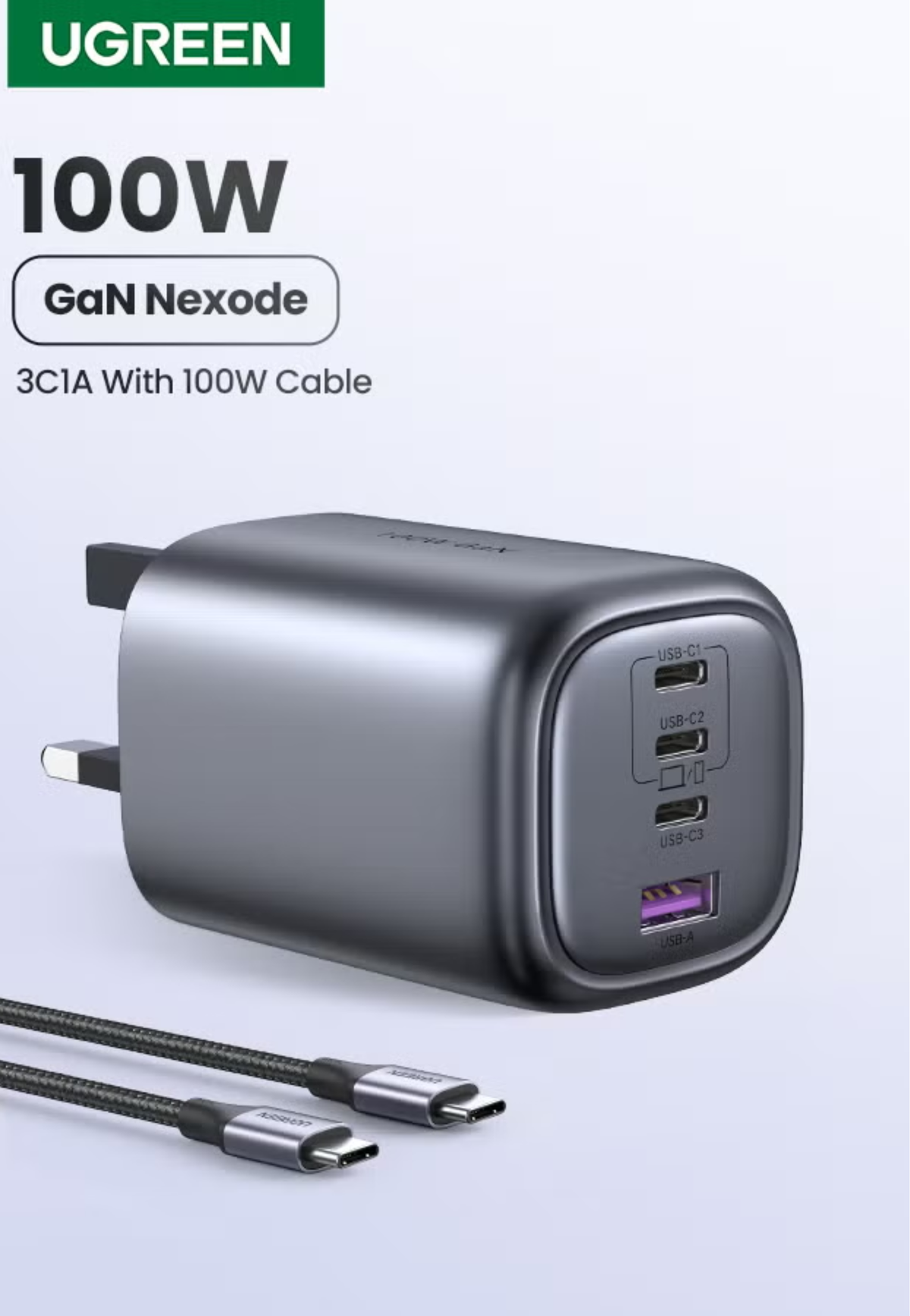 UGREEN NEXODE 100W 4-PORT 1A-3C PD GAN FAST CHARGER GRAY