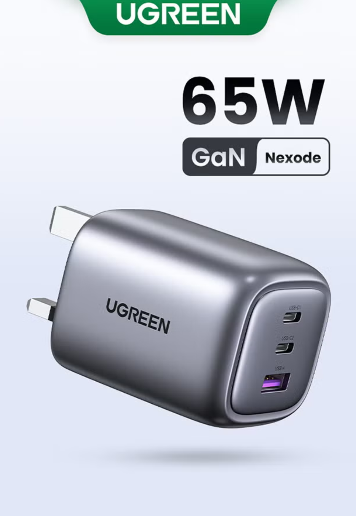 UGREEN NEXODE 65W 3PORT GAN FAST CHARGER ADAPTER-GRAY