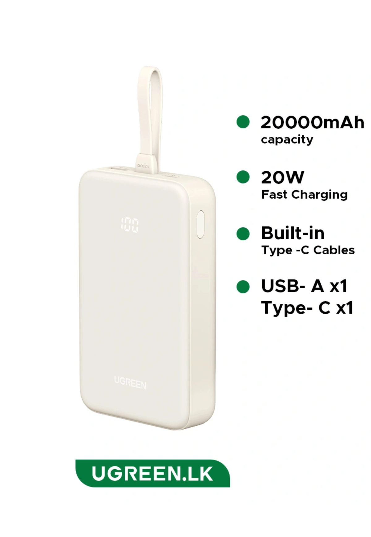 UGREEN POWERBANK 20000MAH PD 20W W/USB-C WHITE