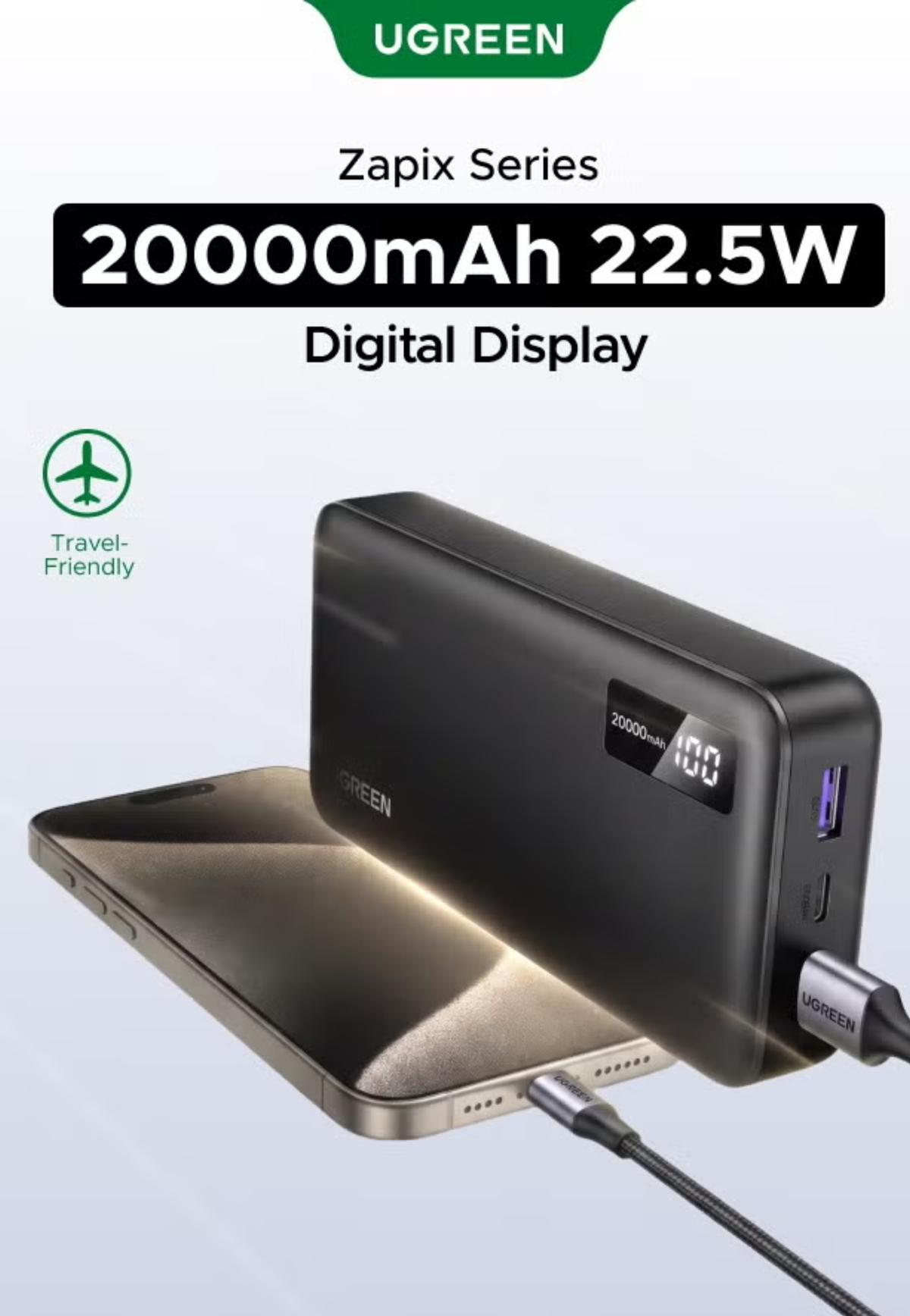 UGREEN POWERBANK 20000 MAH PD 22.5W & 3 CHARGING PORT-BLACK
