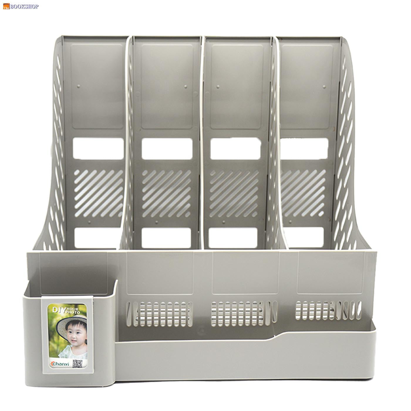 CHANYI PLASTIC MAGAZINE FILE HOLDER 4DIVISION W/PEN HOLDER GREY