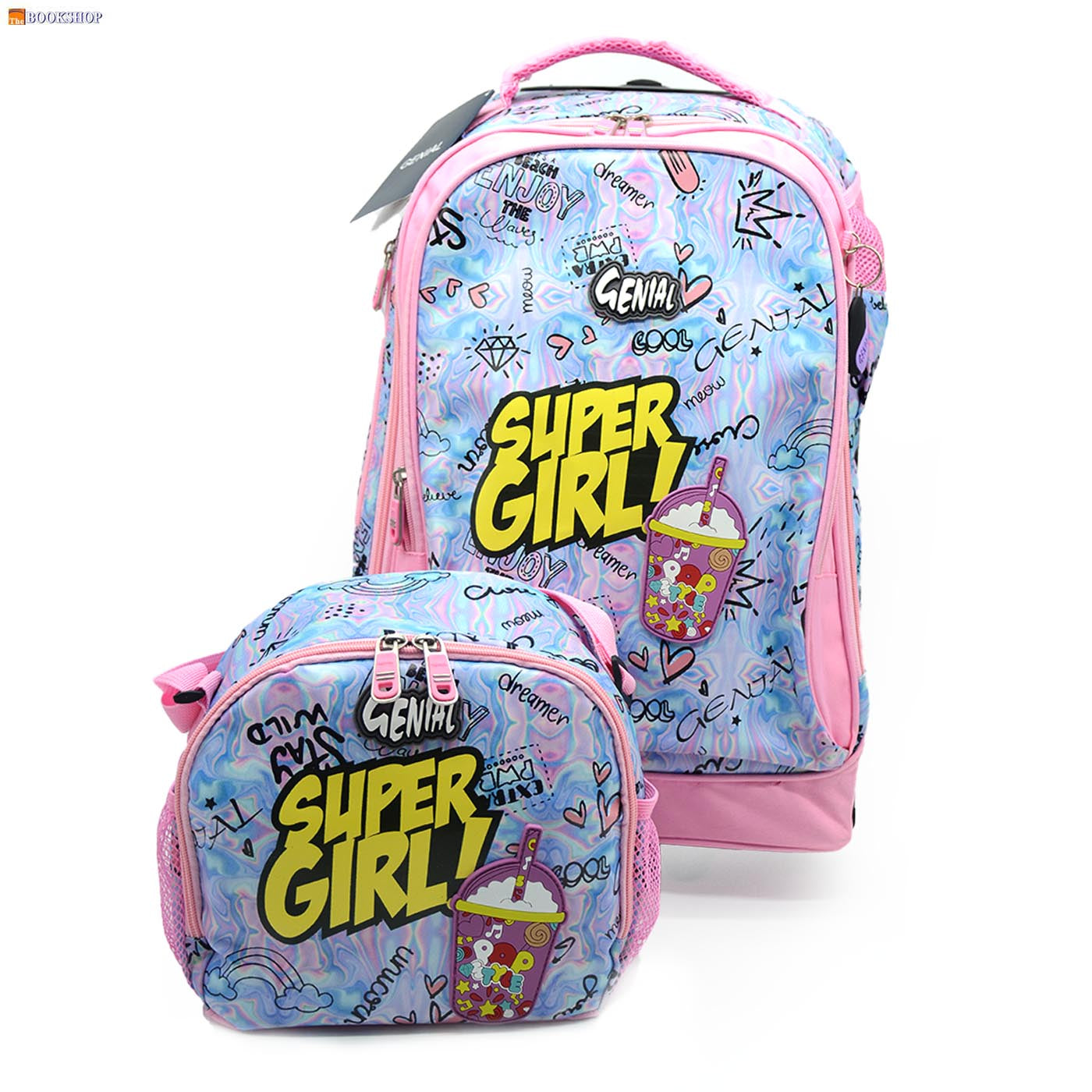 GENIAL BIG WHEEL TROLLEY BAG 19" W/3COMP+LUNCH BAG+PENCIL CASE-SUPER GIRL