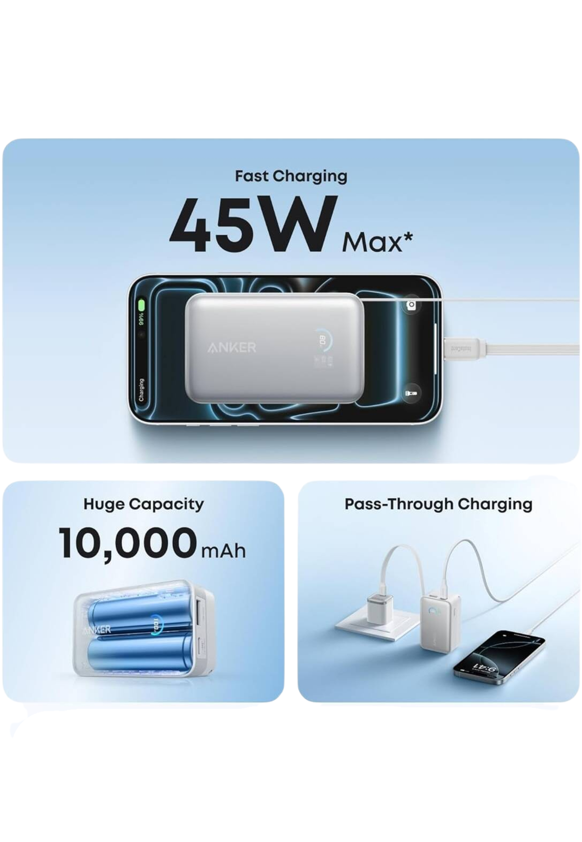 ANKER POWER BANK 10000mAh 45W BUILT IN RETRACTABLE USB-C CABLE WHITE