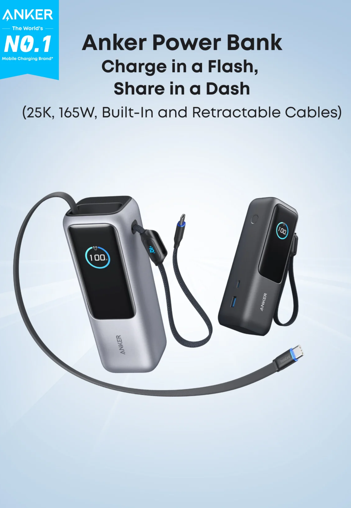 ANKER POWERBANK 25000mAh 165W BUILT-IN AND RETRACTABLE CABLE