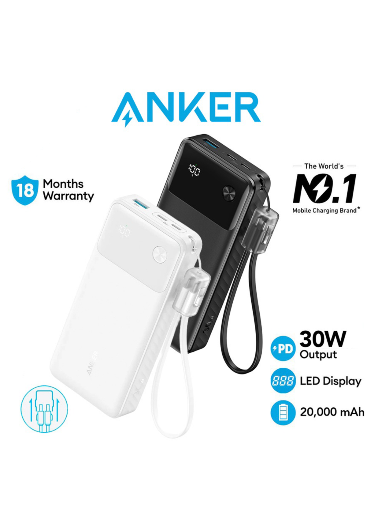 ANKER POWER BANK POWERCORE 20000MAH PD 30W WHITE