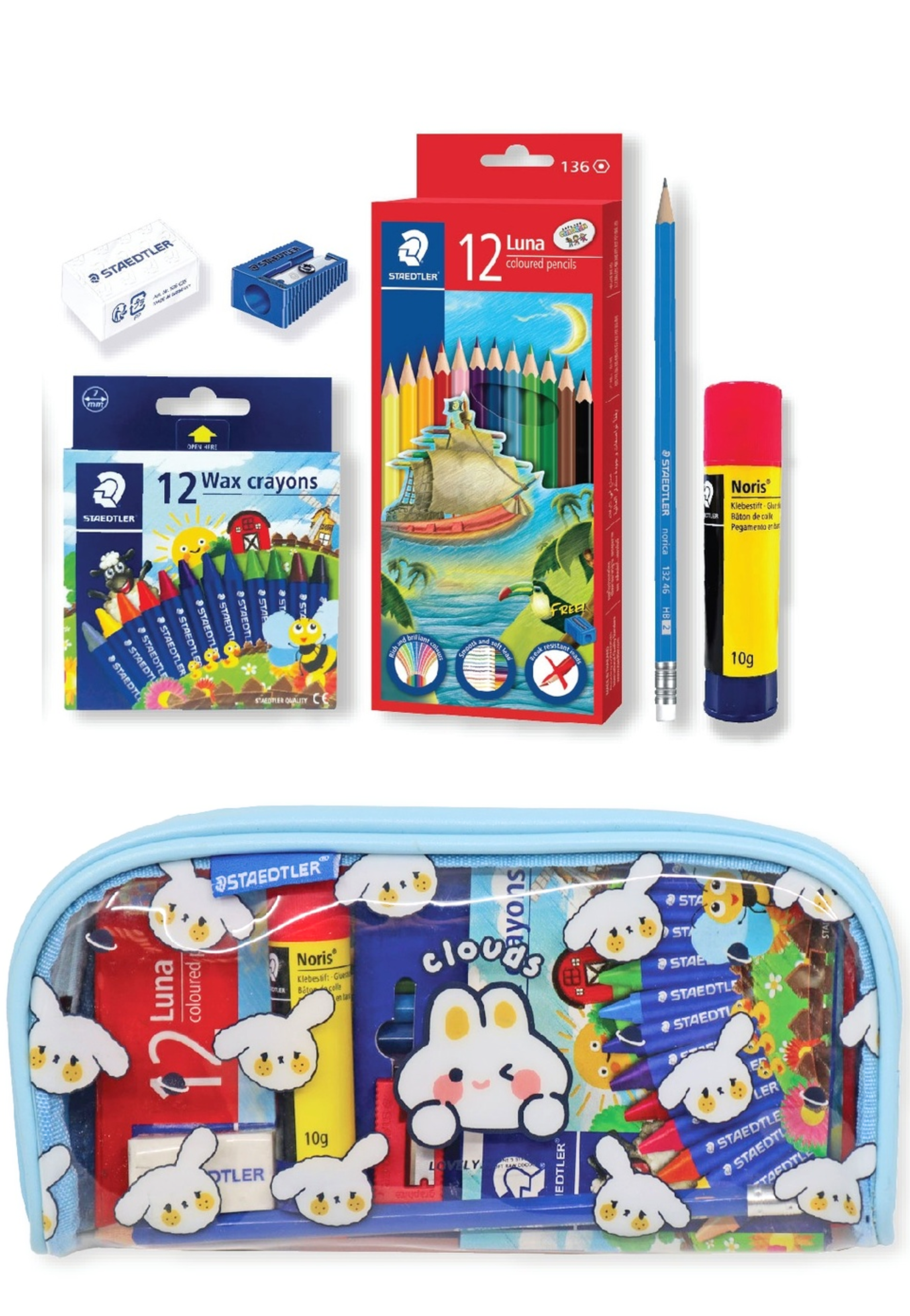 STAEDTLER NORIS+12WAX CRAYONS+LUNA PENCILS+ERASER STP-PACK-429-B