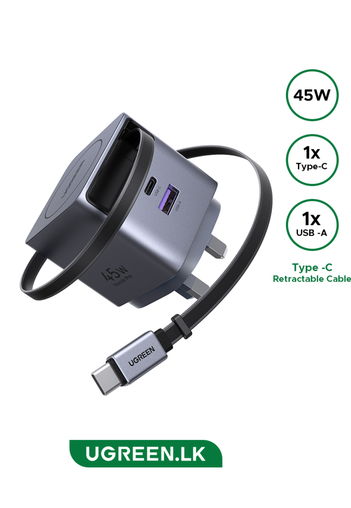 UGREEN 45W NEXODE PRO GAN FAST CHARGER W/ RETRACTABLE CABLE