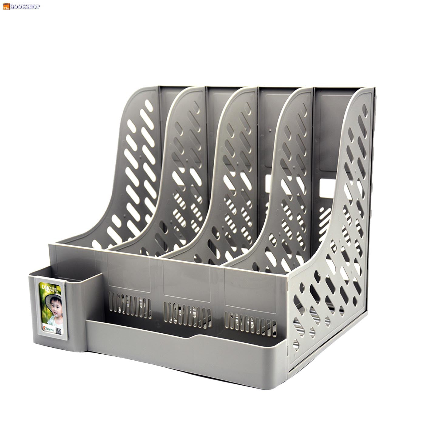 CHANYI PLASTIC MAGAZINE FILE HOLDER 4DIVISION W/PEN HOLDER GREY