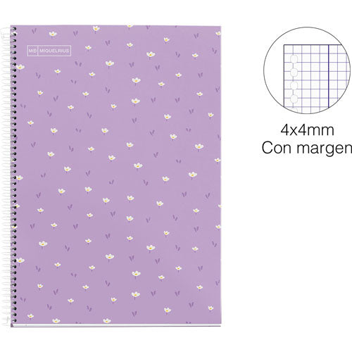 MIQUELRIUS MR HARD COVER SPIRAL 90G 80SHT 4MM SQUARE NOTEBOOK A4-FLOWER VIOLET