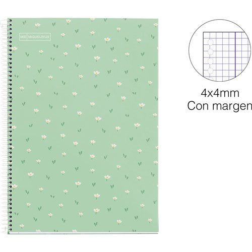 MIQUELRIUS MR HARD COVER SPIRAL 90G 80SHT 4MM SQUARE NOTEBOOK A4-FLOWERGREEN