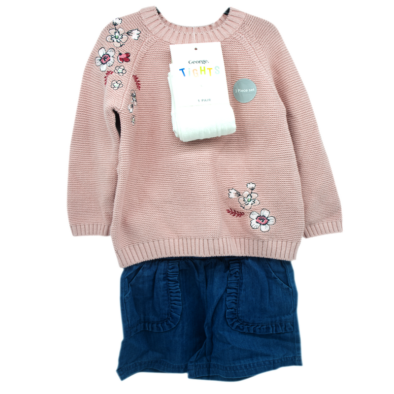 GEORGE KNITTED LONG SLEEVE W/ FLOVER PRINT+SHORT& TIGHTS 3PCS SET